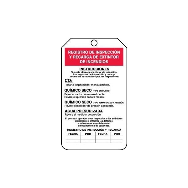 Accuform Spanish Safety Tags, FIRE EXTINGUISHER RECHARGE & INSPECTION, 5.75in x 3.25in, HS-Laminate, 25PK SHMGT208LTP - main